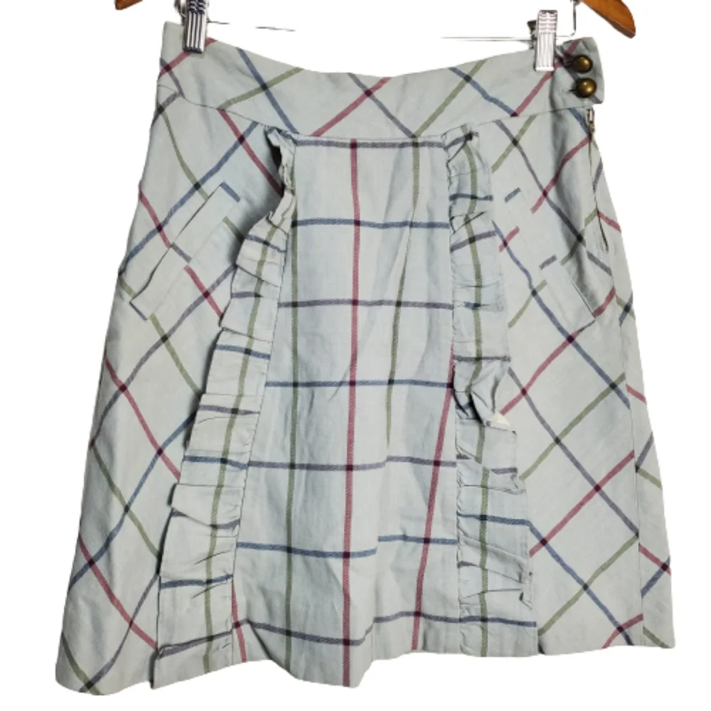 Anthropologie Edme & Esyllte Gray Plaid Ruffle Lined A-Line Skirt Size 6